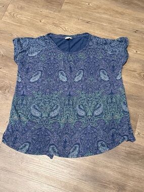 Lucky Brand Navy Paisley Cap Sleeve Tee with Green Accents 1X/16